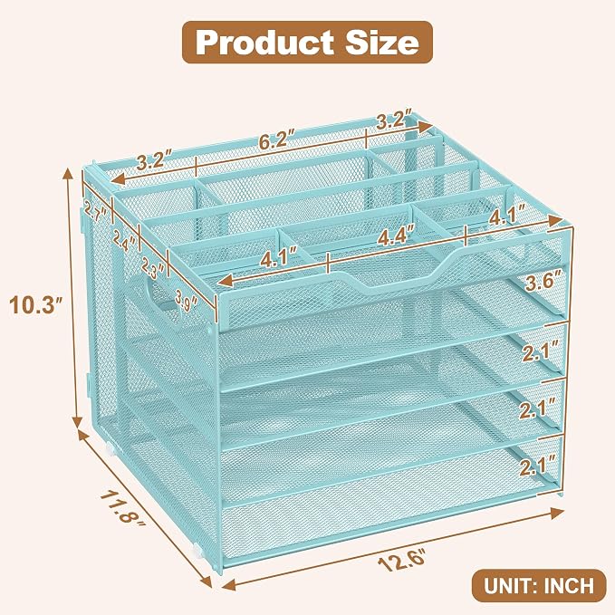 Docnest 5 Tier Letter Tray with Hanging File Box, Blue | Mesh Desk Organizer, Built-in Pen Holder and Handles, Desktop Storage organizer, For Mail Documents Office Supplies