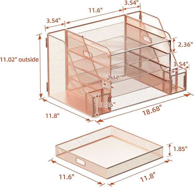SUPEASY Mesh Desk Organizer with File Holder, 5-Tier Paper Letter Tray Organizer with Magazine Holder, Desktop Organizer and Storage with Drawer for Office Supplies Home or School (Rose Gold)