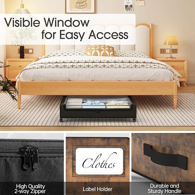 Yecaye Under Bed Storage with Wheels, 4 Pack Under Bed Storage Containers, Underbed Shoe Storage Organizer, Rolling Under Bed Metal Drawers for Clothes, Blankets, Brown