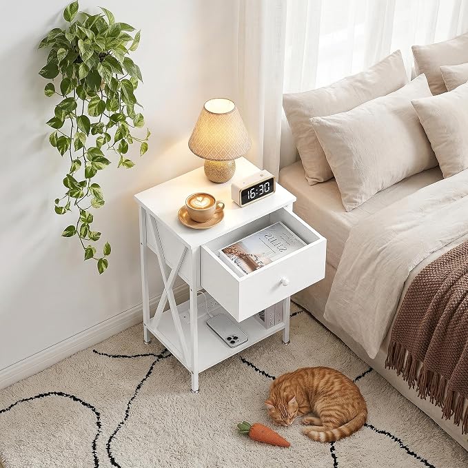 VECELO End Table with Charging Station, Night Stand with Drawers, 2-Tier Bedside Tables with USB Ports & Outlets, Side Table with Storage Shelf for Living Room/Bedroom, White