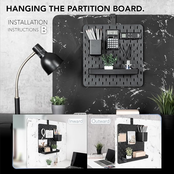 EHO Clamp-On Desk Pegboard, 13.5 x 14 inch Privacy Divider, Desk Partition Panel, No-Drill Desk Mounted Organizer, Combination Peg Board for Office, Gaming, Home, Plants, Black