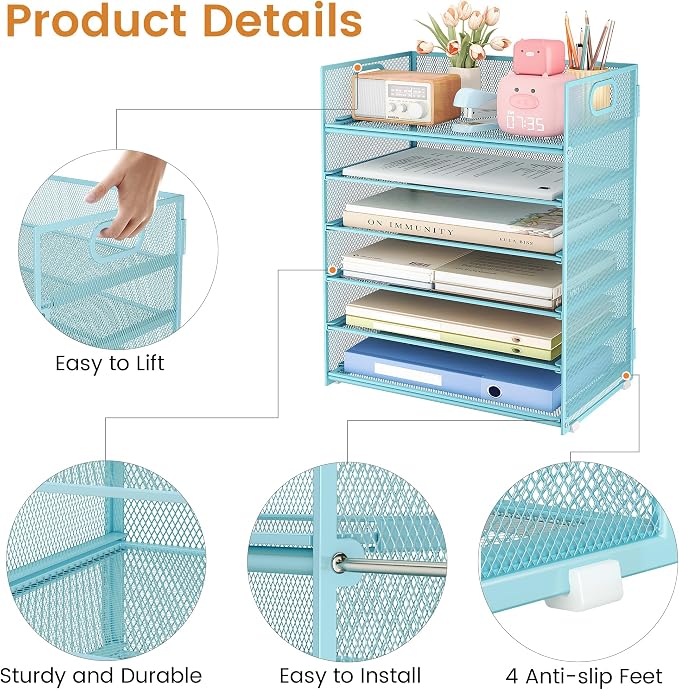 Subekyu 6-Tier Desk Paper Organizer, Desktop File Letter Tray with Handle, Document Sorter and Accessories Holder for Office, Home and School Workspace Organizers, Blue-2 Pack