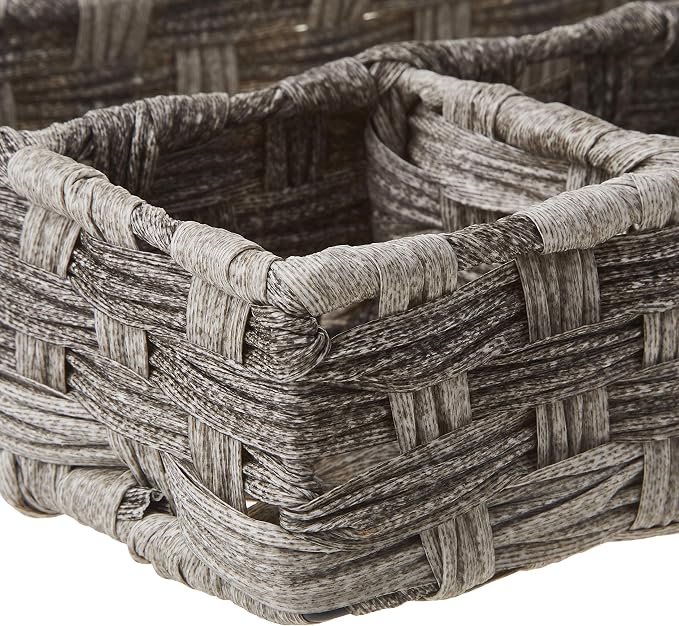 Whitmor 4-Compartment Woven Storage Basket with Dividers, Divided Makeup Organizer and Drawer Split Rattique Bin for Bathroom Countertop, Vanity, Office Desk, 11.8x7.9x2.8 Inches, Gray