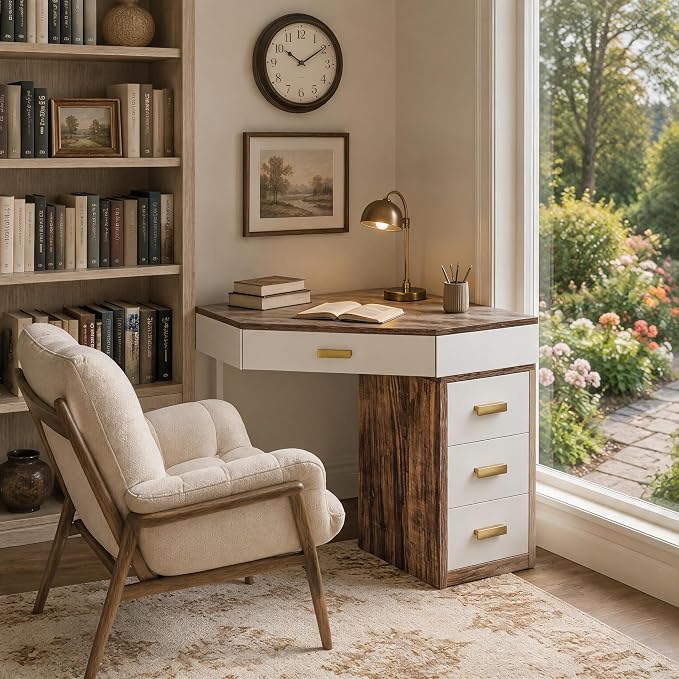 Tribesigns Corner Desk with 4-Drawer Storage,Triangle Computer Desk,Vanity Station,Study Nook for Small Space,Home Office,Bedroom,Living Room (White&Brown)
