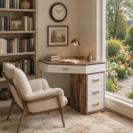 Tribesigns Corner Desk with 4-Drawer Storage,Triangle Computer Desk,Vanity Station,Study Nook for Small Space,Home Office,Bedroom,Living Room (White&Brown)