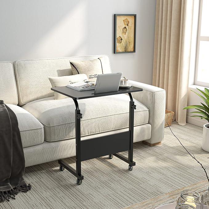 DlandHome Rolling Laptop Desk Stand Up Adjustable Mobile Laptop Desk, 23.6 Inches Medium Size Side Table, Movable w/Tablet Slot & Wheels, Portable Stand for Bed Sofa Black