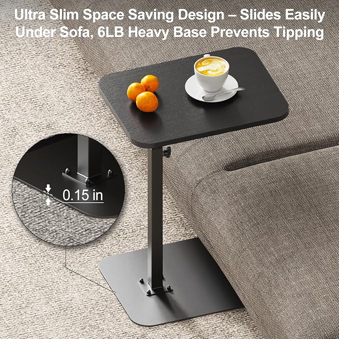 HzTinT Side Table Sofa Tray for Couch Heavy Metal Base Swivel/Adjustable Height, Sofa Bed Bathroom Study TV Tray C Shaped End Table Food Snack Trays for Eating