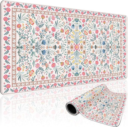 Pink Floral Desk Mat 31.5"x15.7", Extra Large Mouse Pad with Non-Slip Rubber Base, Waterproof Desk Blotter with Stitched Edges, Smooth Computer Mat for Home Office Desk