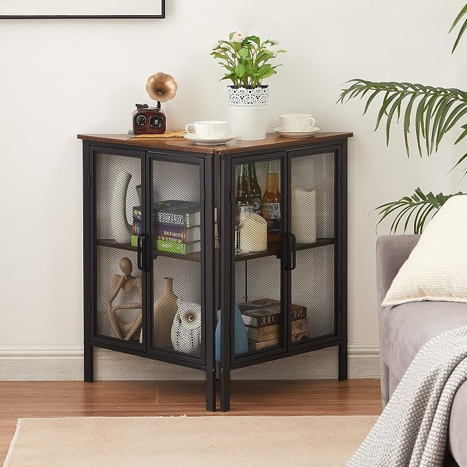 VECELO 3-Tier Corner Table,Cabinet with Mesh Door,Corner Shelf Stand,Metal Frame Storage Shelf Organizer Display Shelves for Wall Corner,Living Room,Bedroom Kitchen,Bathroom