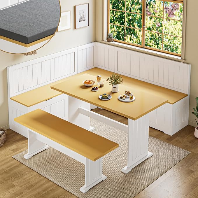 Breakfast Nook Corner Table Set, L-Shaped Corner Dining Set with Hidden Storage Bench, 3 Piece Kitchen Corner Bench Set with Cushion, Flip Top Entryway Bench, Space Saving Reversible, White