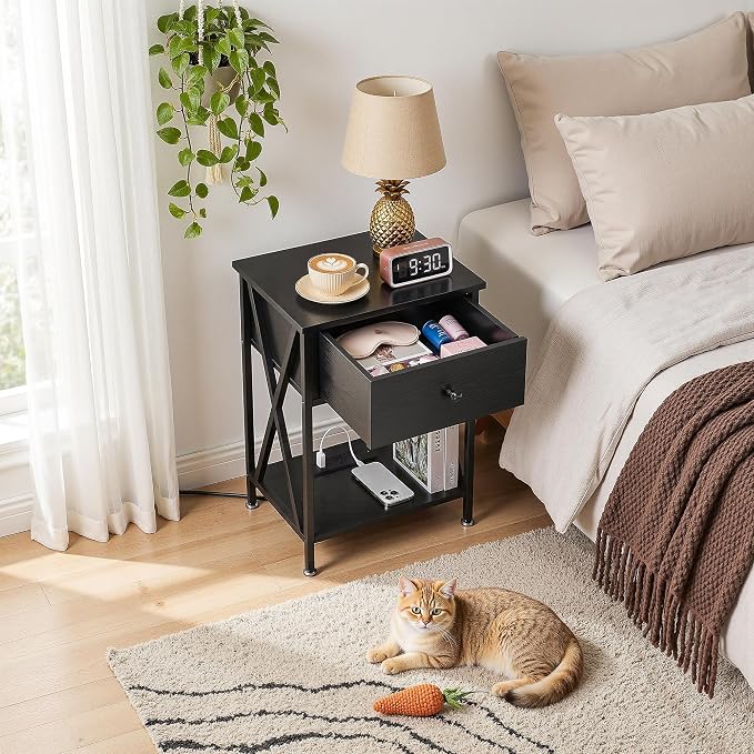 VECELO End Table with Charging Station, Night Stand with Drawers, 2-Tier Bedside Tables with USB Ports & Outlets, Side Table with Storage Shelf for Living Room/Bedroom, Black