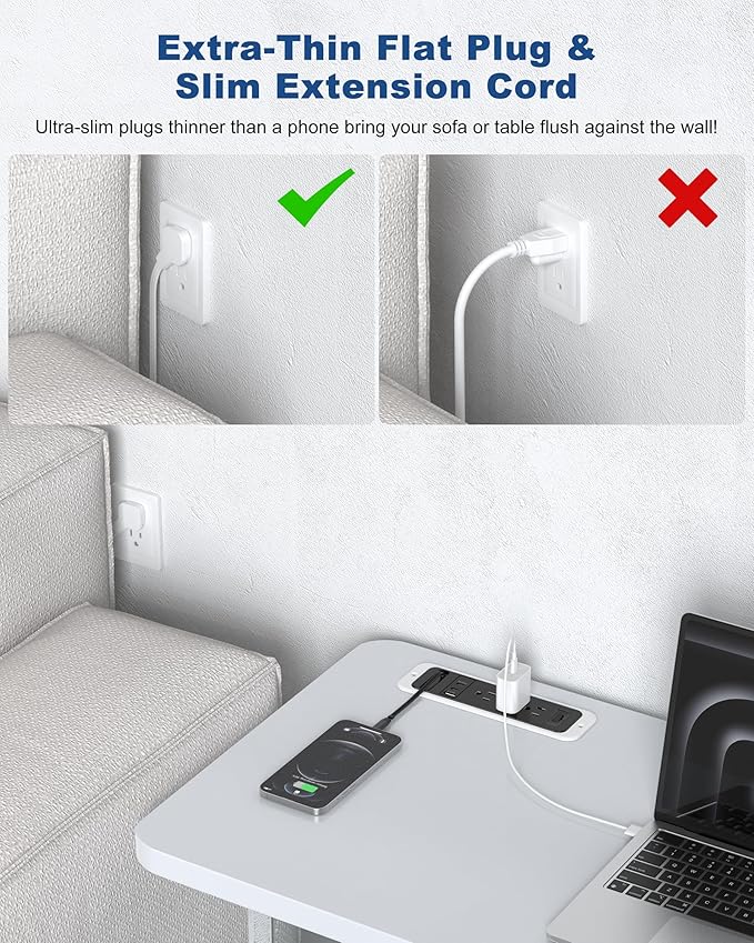 Recessed Power Strip with Retractable USB C Cable,2 PD 20W USB C,Flush Mount Countertop Drawer Outlet, Furniture Hidden Outlet for Side Table,End Table,3 Outlets (Black and White, 6FT-20W)