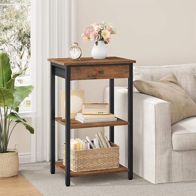 Gewudraw Printer Stand with Storage Drawer, 3-Tier Under Desk Printer Table, End Table for Home Office, Living Room, Bedroom, Brown