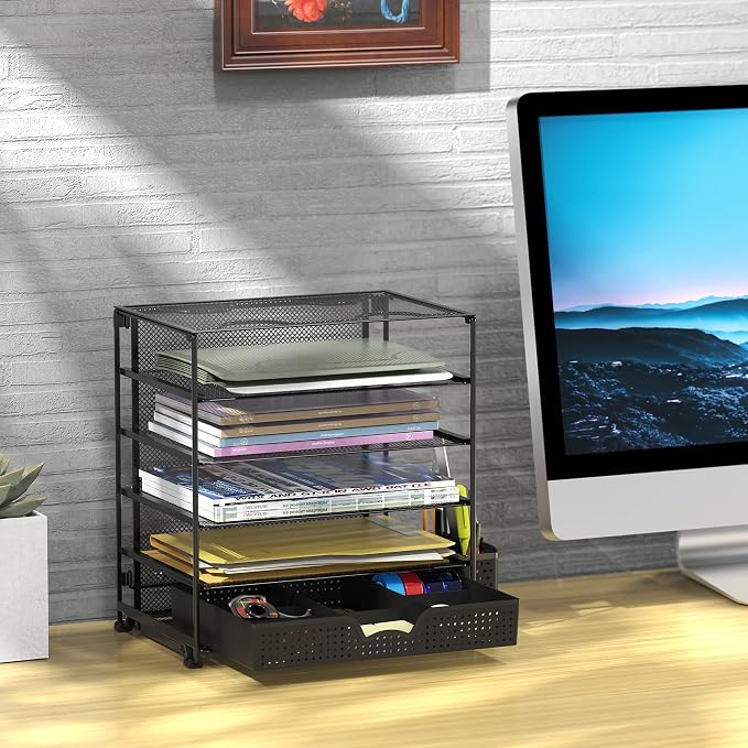 Simple Houseware 5-Tier Document File Tray with Sliding Drawer and Pen Bucket, Black