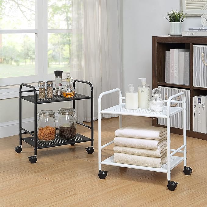 SunnyPoint 2-Tier Metal Rolling Utility Cart – Mobile Storage Shelf with Caster Wheels – Small Space Organizer for Home, Office, Bedroom, Kitchen (BLK) (Pack of 2)