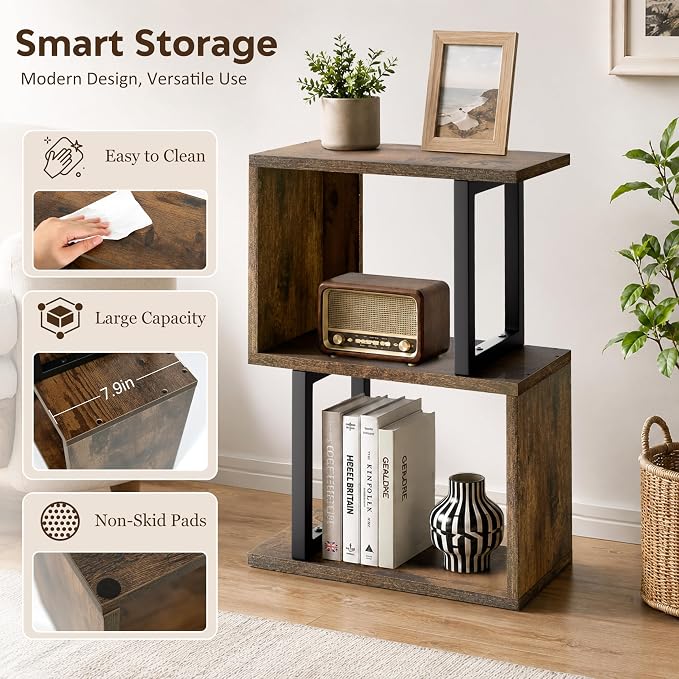 Desk Organizer and Desk Hutch Shelf – Desktop Bookshelf for Small Spaces, Mini Storage Unit for Dorm, Office, 3-Tier Desk Top Organizer Shelf, Rustic Brown
