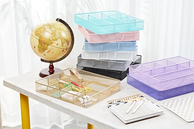Annova Desk Top Organizer Tray for Office Organization - Metal Mesh - Storage Tray with Dividers for Pens, Desktop Accessories, Bathroom, Kitchen, Makeup and Office Supplies (Large, Turquoise)