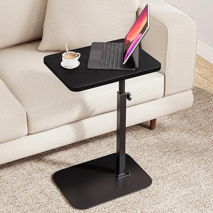 ELYKEN TV Tray Table, C-Shape Couch Desk, 360° Swivel Side Table Height Adjustable, Laptop Stand for Couch Recliner, Small Bedside Tables (Black)