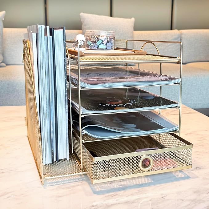 5-Tier Paper Letter Organizer with File Holder, Desk Organizer with Drawer, Mesh Desktop Storage with Magazine Holder for Office Supplies (Golden)