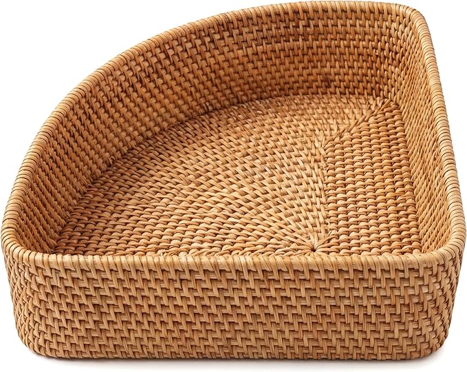 Handwoven Rattan Corner Basket, 10 Inch Quarter Round Woven Countertop Organizer, Boho Decorative Storage Tray for Bathroom Vanity, Kitchen Counter, Desk, Dead Space Solution
