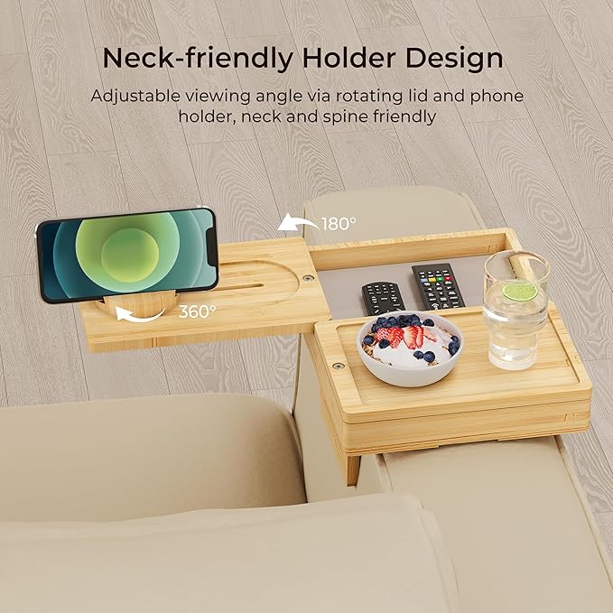 Wealone Bamboo Couch Arm Tray with 2 Rotatable Tray, Adjustable Sofa Arm Clip Table with Storage Box & 360° Phone Holder, Couch Armrest Table for Snacks, Drinks or Dining