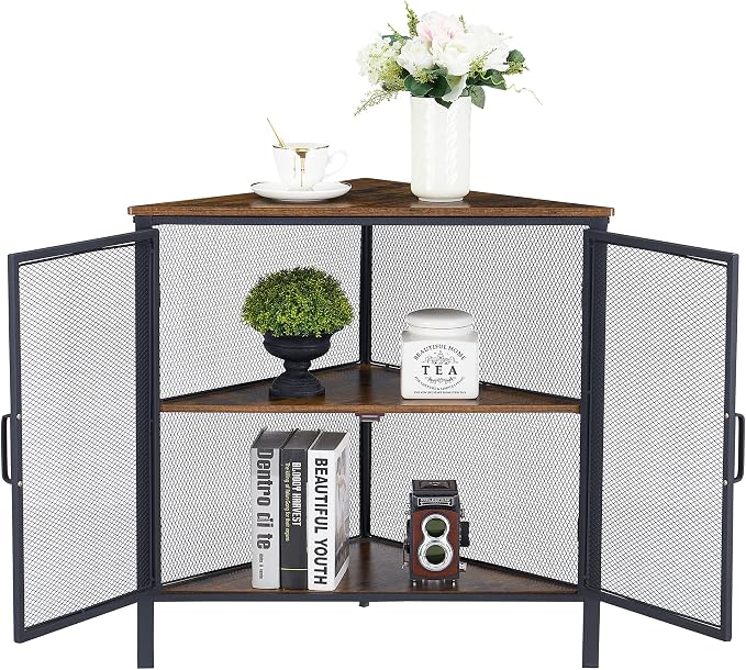VECELO 3-Tier Corner Table,Cabinet with Mesh Door,Corner Shelf Stand,Metal Frame Storage Shelf Organizer Display Shelves for Bedroom,Wall Corner,Living Room,Kitchen,Bathroom