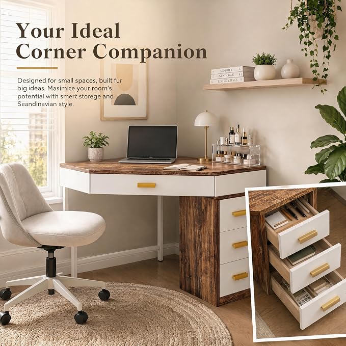 Tribesigns Corner Desk with 4-Drawer Storage,Triangle Computer Desk,Vanity Station,Study Nook for Small Space,Home Office,Bedroom,Living Room (White&Brown)