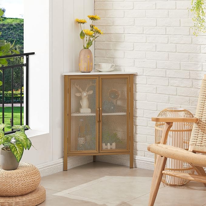 VECELO 3-Tier Corner Table,Cabinet with Mesh Door,Corner Shelf Stand,Metal Frame Storage Shelf Organizer Display Shelves for Wall Corner,Living Room,Bedroom Kitchen,Bathroom