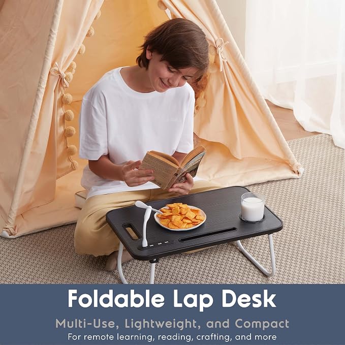 Nestl Foldable Lap Desk - Portable Laptop Stand for Bed, Couch, Work, Reading & Writing - USB Ports, Small Laptop Tray, Black