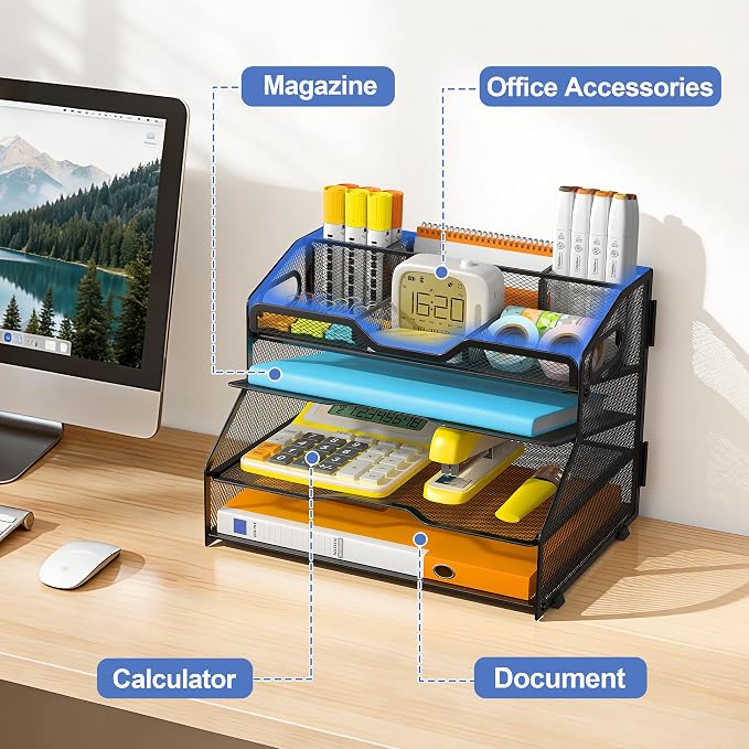 4 Tier Desk Orgnizers and Accessories, Metal Magazine File Holder with Pencil Holder and Handles, Space Saving Desktop Storage for School Office Supplies(Black)