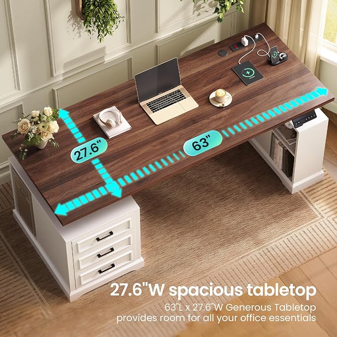 SEDETA Farmhouse Electric Standing Desk, 63" Height Adjustable Computer Desk with 3 Drawers, Storage Shelves, Power Outlets, Wood Home Office Stand up Desk for Work, Study, Writing, White