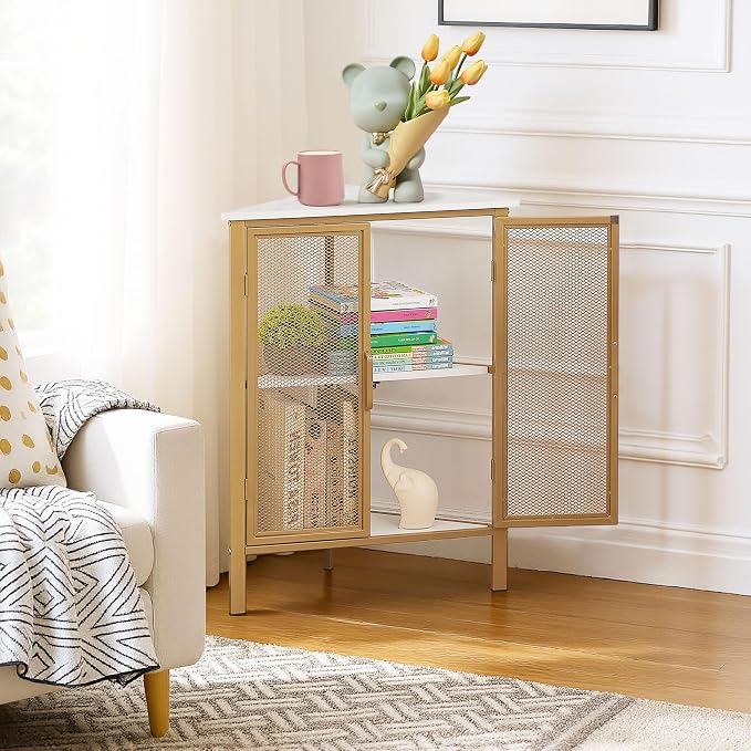 VECELO 3-Tier Corner Table,Cabinet with Mesh Door,Corner Shelf Stand,Metal Frame Storage Shelf Organizer Display Shelves for Wall Corner,Living Room,Bedroom Kitchen,Bathroom