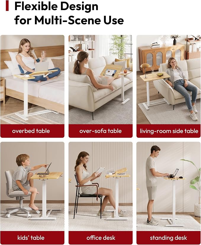 SANODESK Small Rolling Overbed Table Adjustable Height with Wheels, Mobile Laptop Desk with Tilting Desktop, Portable Computer Workstation for Home Office, Classroom, Bedside, Maple