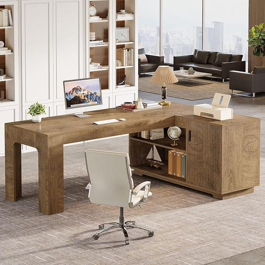 Tribesigns L-Shaped Desk with Storage Cabinet, 59-Inch Farmhouse Corner Computer Desk with Open Storage Shelves, Home Office, Gaming, Reading, Study, Brown