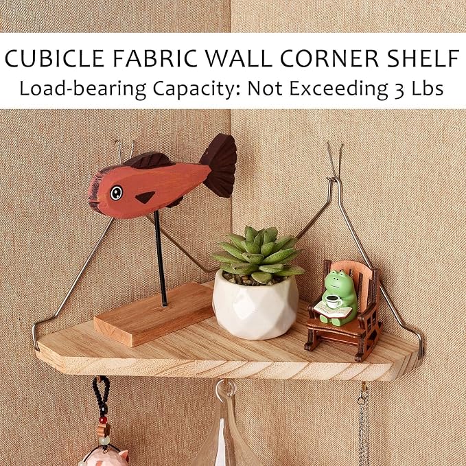 Fabric Wall Cubicle Corner Shelf for Work Decor, Wooden Organizer Storage Shelf with Hangers Accessories