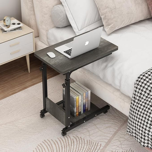 TigerDad Adjustable Height C Table Sofa Side Bedside Table with Wheels, Hospital Bed Table Rolling Tray with Storage, Mobile Computer Desk Laptop Table for Home Use,Gray
