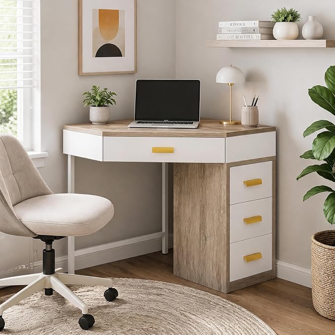 Tribesigns Corner Desk with 4-Drawer Storage,Triangle Computer Desk,Vanity Station,Study Nook for Small Space,Home Office,Bedroom,Living Room,White&Gray