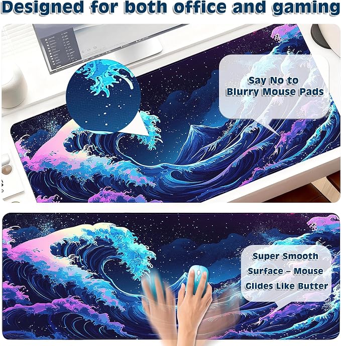 Gaming Desk Mat with Silky Smooth Surface & Exquisite Patterns,31.5x11.8 Inches Large-Sized Mouse Pad, Perfect for Extended Gaming,Work,and Home Office Decor (Japanese Waves 2)