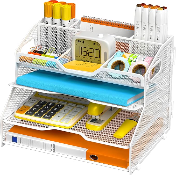 4 Tier Desk Orgnizers and Accessories, Metal Magazine File Holder with Pencil Holder and Handles, Space Saving Desktop Storage for School Office Supplies(White)