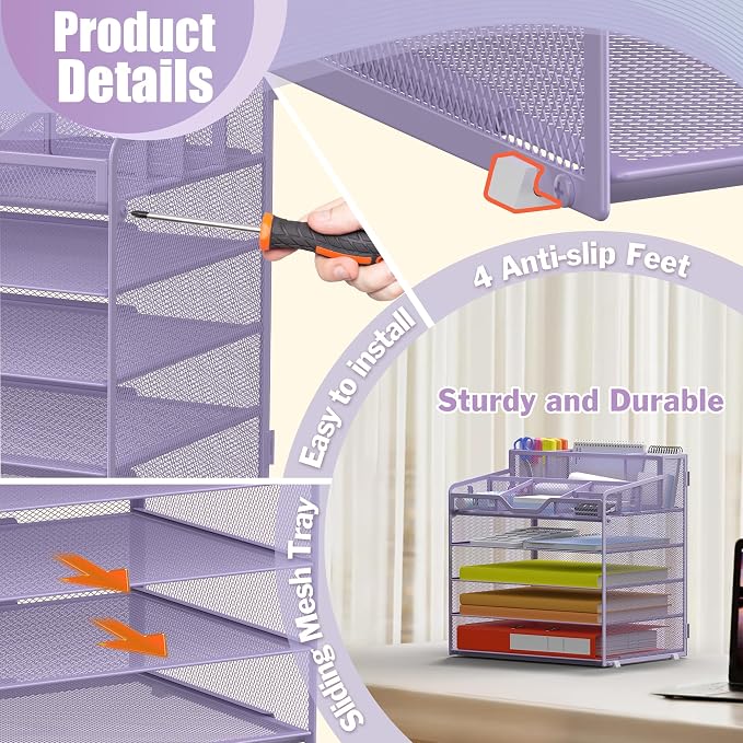 Docnest 5 Tier Mesh Desk Organizer for Paper Office Supplies – Multi-Functional Letter Tray with 5 Adjustable Compartments, 3 Pen Holders, Desktop Storage for Files, Mail, Stationery – Purple