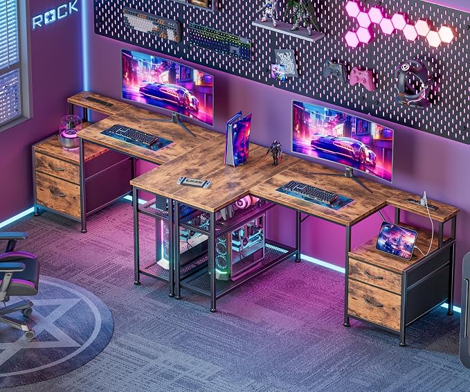 Furologee 49" L Shaped Computer Desk with Power Outlets, Reversible Home Office Desk with Fabric Drawers, File Cabinet, Printer Table, Metal Storage Shelves, Corner Desk for Small Space, Rusitc Brown