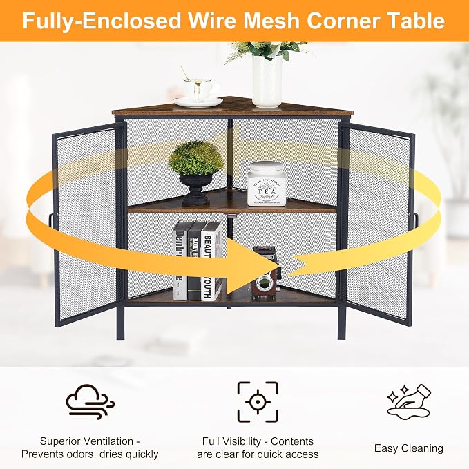 VECELO 3-Tier Corner Table,Cabinet with Mesh Door,Corner Shelf Stand,Metal Frame Storage Shelf Organizer Display Shelves for Bedroom,Wall Corner,Living Room,Kitchen,Bathroom