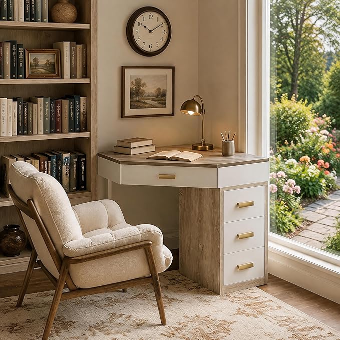 Tribesigns Corner Desk with 4-Drawer Storage,Triangle Computer Desk,Vanity Station,Study Nook for Small Space,Home Office,Bedroom,Living Room,White&Gray