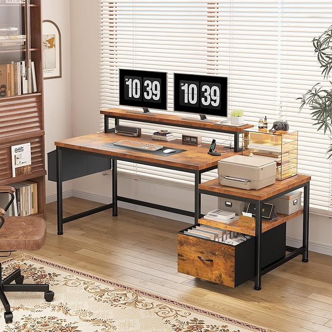 EnHomee 56.5" Office Desk with Drawers and Printer Space,Computer Desk with Power Outlets,Home Office Desks with File Drawers Cabinet,Study and Gaming Desk with Shelves Monitor Stand,Rustic Brown