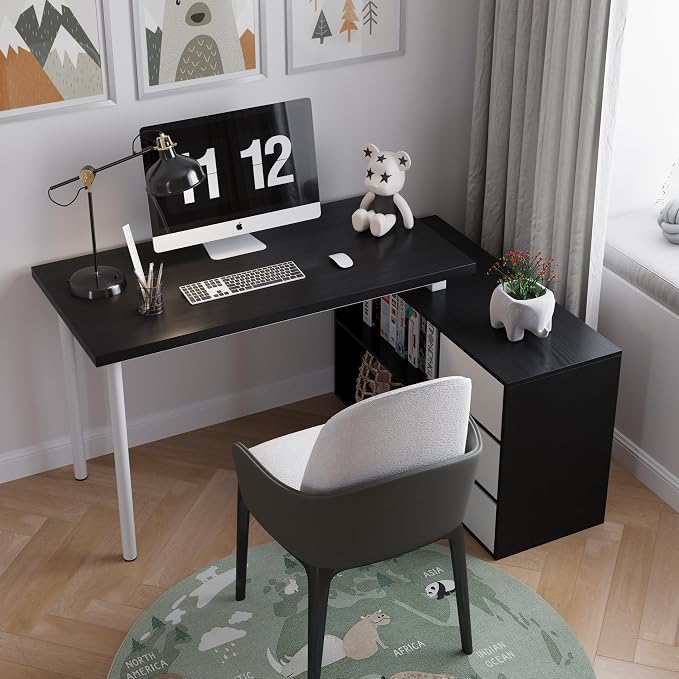 Mekminop L Shape Computer Desk with 3 Drawers and 2 Shelves, Home Office Desk Corner Small Desk with Storage Cabinet for Writing Study Executive – Black and White