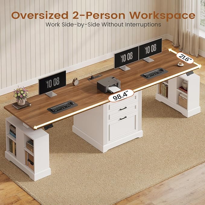 SEDETA Standing Two Person Desk, 98.4'' Farmhouse Long Computer Desk with 3 Drawers, Storage Cabinet, Electric Height Adjustable 2 Person Desk with Power Outlets for Home Office, White+Brown