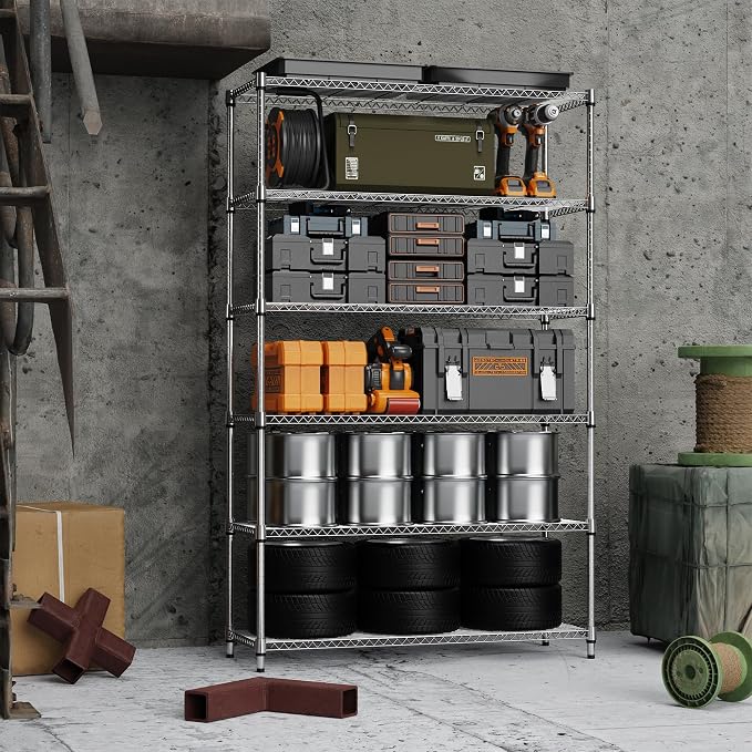 M MZG 6 Tiers Storage Shelves Load 2100LBS, Metal Shelving Wire Metal Shelving Unit Shelves for Storage Adjustable Garage Shelving for Pantry Kitchen Garage Chrome 17.7" D x 47.3" W x 82.4" H