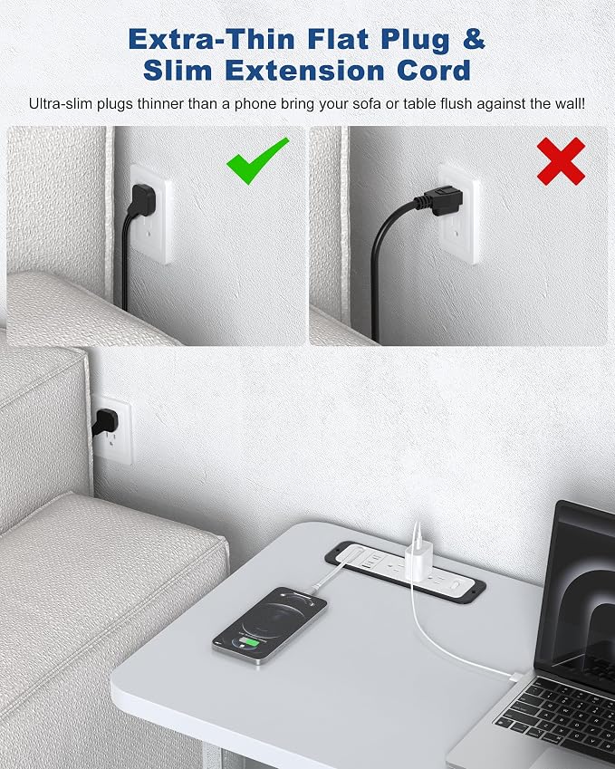 Recessed Power Strip with Retractable USB C Cable,2 PD 20W USB C,Flush Mount Countertop Drawer Outlet, Furniture Hidden Outlet for Side Table,End Table,3 Outlets (White and Black, 10FT-20W USB)