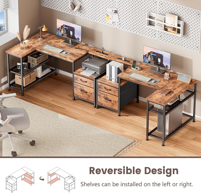 Furologee 49" L Shaped Computer Desk with Power Outlets, Reversible Home Office Desk with Fabric Drawers, File Cabinet, Printer Table, Metal Storage Shelves, Corner Desk for Small Space, Rusitc Brown