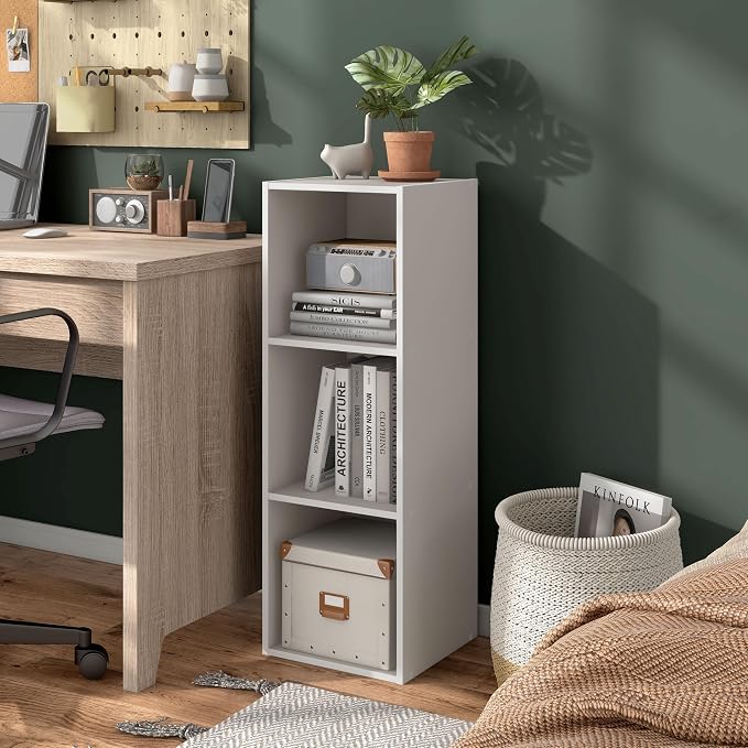 Homes: Inside + Out Apexa 3-Cube Storage Organizer Shelves, Stackable Wood Bookcase Fits Cubby Bins for Organization, Dorm Teen Room Decor & Home Office, Taupe Grey